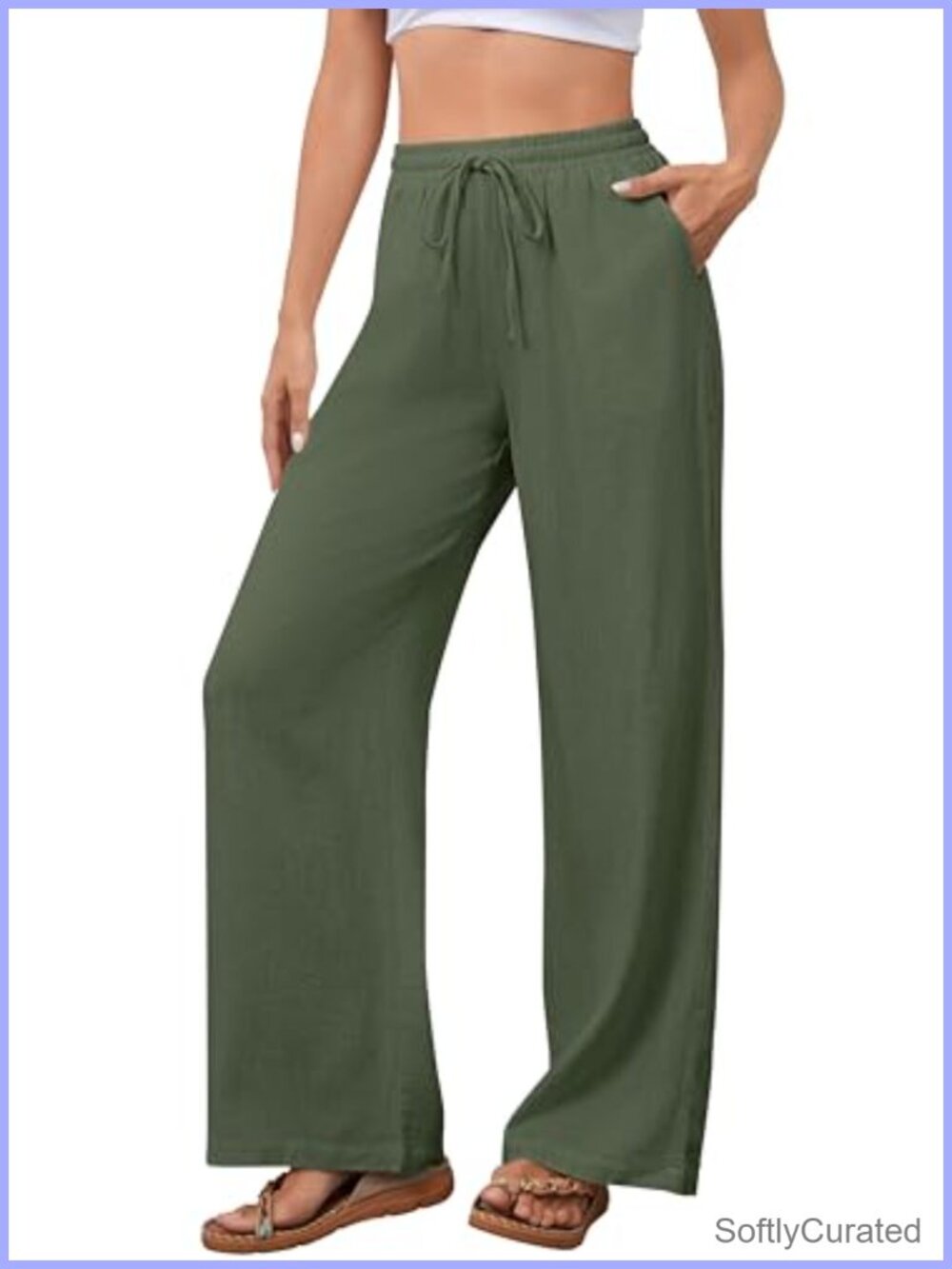 Cotton Linen Palazzo Pants Drawstring Wide Leg Lounge Trousers with Pockets